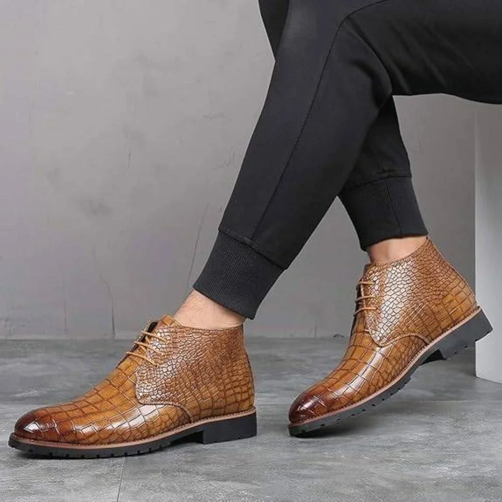 Santimon‎ Men's US 8.5 Tan Embossed Lace Up Pointed Toe Ankle Casual Boots